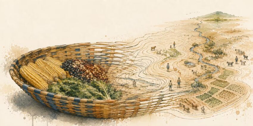 A conceptual Kenya landscape where a woven food basket gradually becomes a dry topographic map, symbolising uneven food security across the country.