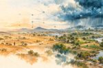 Conceptual watercolor landscape showing climate-warning signals crossing East Africa but fading before reaching some farms and communities.