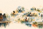 Editorial watercolor illustration of young Kenyans using a shared digital workspace as paths of learning, technology and opportunity expand outward.