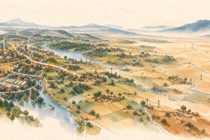 Abstract editorial watercolor landscape showing uneven networks of roads, electricity and water connections across Kenya, illustrating how distance shapes access to services and opportunity.Inequality is also geographical. Roads, electricity, water, markets and public services can shorten — or deepen — the distance between people and opportunity.