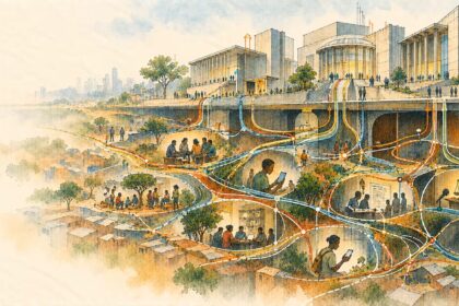 Conceptual watercolor-and-ink illustration showing a distributed network of Kenyan communities, journalists, students and civic groups running beneath and around formal institutional structures.