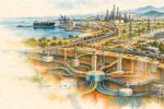 Conceptual watercolor-and-ink illustration of Kenyan infrastructure emerging above an intricate network of financial channels and unfinished funding connections.