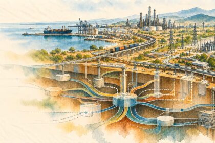 Conceptual watercolor-and-ink illustration of Kenyan infrastructure emerging above an intricate network of financial channels and unfinished funding connections.