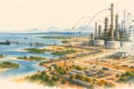 Conceptual watercolor-and-ink illustration of a large refinery gradually emerging from engineering drawings on Kenya’s coast, with incomplete links to finance, crude supply, power and local industry.