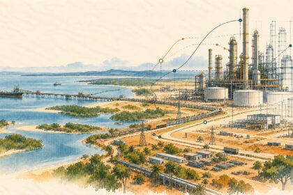 Conceptual watercolor-and-ink illustration of a large refinery gradually emerging from engineering drawings on Kenya’s coast, with incomplete links to finance, crude supply, power and local industry.