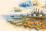 Conceptual watercolor-and-ink illustration exploring the layers of ownership around the planned Lamu refinery in Kenya, from private capital and government stakes to public investment and land rights.