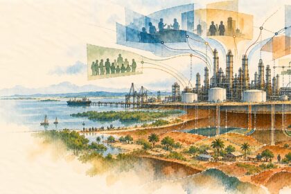 Conceptual watercolor-and-ink illustration exploring the layers of ownership around the planned Lamu refinery in Kenya, from private capital and government stakes to public investment and land rights.