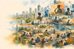Conceptual watercolor-and-ink illustration showing Kenyan content creators, digital audiences and competing networks of political influence, amplification and commercial relationships.