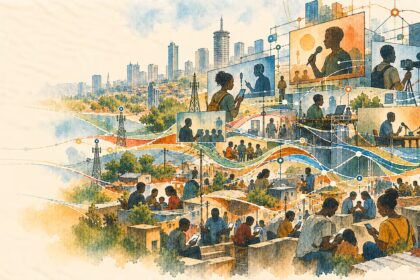 Conceptual watercolor-and-ink illustration showing Kenyan content creators, digital audiences and competing networks of political influence, amplification and commercial relationships.